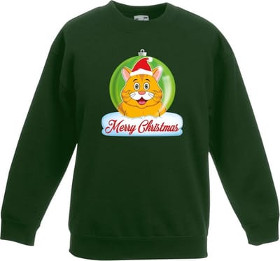 Kersttrui sweater voor kinderen - groen - Merry Christmas - oranje kat / poes kerstbal - kerstdiner kleding 98/104