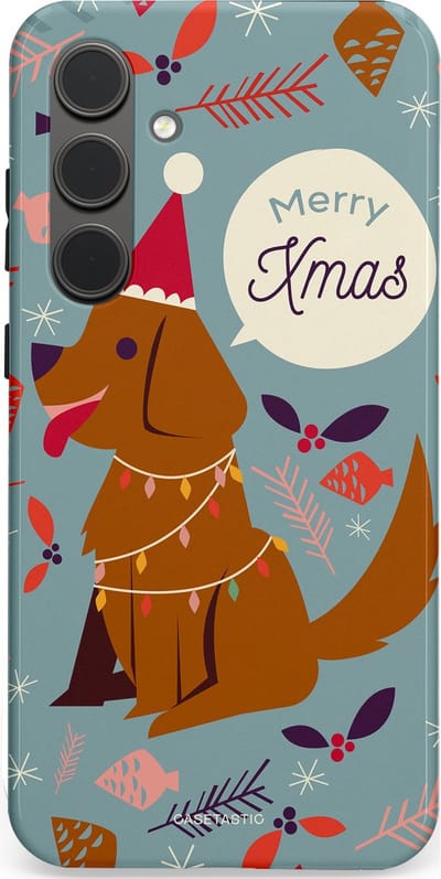 Casetastic hoesje geschikt voor Samsung Galaxy S24 Plus - Dubbellaagse bescherming - Merry Christmas Hond - Fashion Case - Zilver Bruin Saliegroen Rood