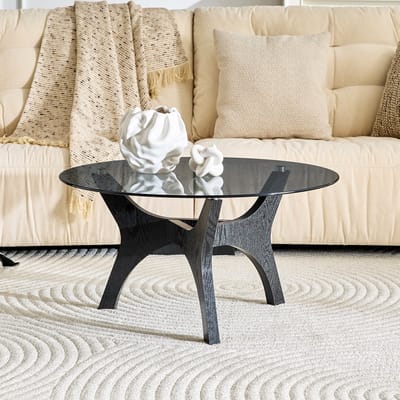 OKWISH Salontafel - Ronde Glazen Tafelblad - Voor Woonkamer, Kantoor En Lounge - MDF Zwart - 80 x 42,2 cm