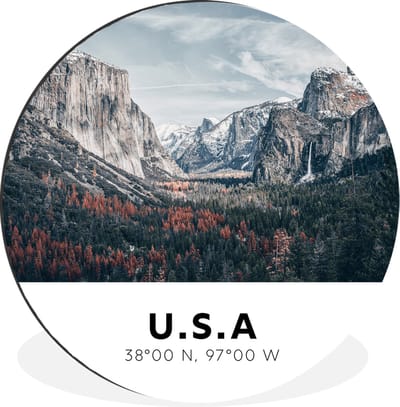 WallCircle - Wandcirkel - Muurcirkel - Amerika - Yosemite - Bergen - Bos - Aluminium - Dibond - 30x30 cm - Binnen en Buiten