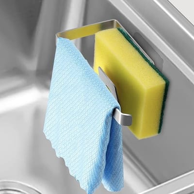 Spoelbak organizer voor spons en vaatdoek, roestvrijstalen houder met zelfklevende basis