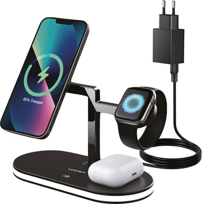 Voomy 3-in-1 Draadloze Oplader (15W Snellader) - Geschikt voor Magsafe, Apple Watch, Draadloze Oortjes - Qi Oplaadstation - GSM Lader - Inclusief Adapter