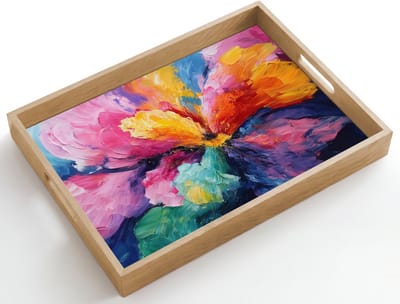 Dienblad hout 50x35 cm - Schootdienblad - Bloemexplosie - Veelkleurig - Bewegend - Borrelplank rechthoek - Plateau dienbladen