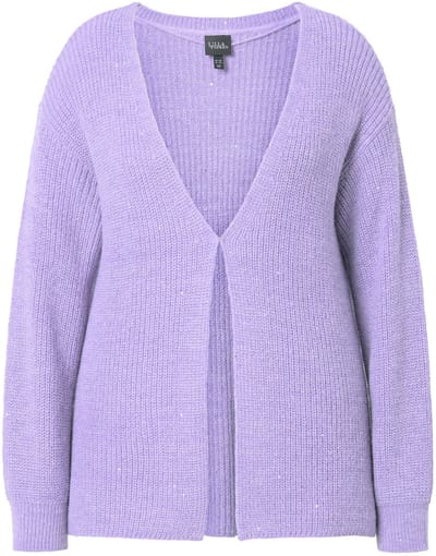 Ulla Popken - Dames - Vest pailletten oversized geribbeld breisel V-hals - Lavendel - Maat 46+
