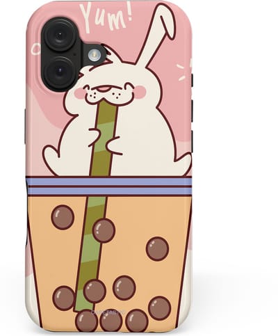 Casetastic hoesje geschikt voor Apple iPhone 16 - MagSafe - Dubbellaagse bescherming - Bubble Tea Genot - Fashion Case - Lichtroze Zand Lichtgrijs Perzik