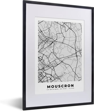 Fotolijst incl. Poster Zwart Wit- Stadskaart – Zwart Wit - Kaart – Mouscron – België – Plattegrond - 30x40 cm - Posterlijst