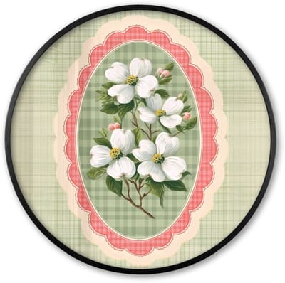 Poster in lijst Rond - Fotolijst 60x60 cm - Posters - Bloemen - Illustratie - Geruit - Groen - Ronde posterlijst zwart - Decoratie - Wanddecoratie woonkamer - Muurdecoratie slaapkamer