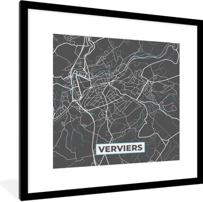 Fotolijst incl. Poster - België – Verviers – Stadskaart – Kaart – Blauw – Plattegrond - 40x40 cm - Posterlijst