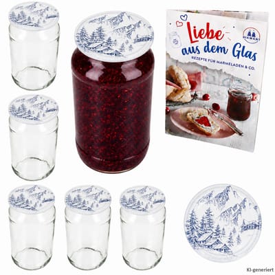 6-delige set ronde glazen 1062 ml To 82 Alpendekor deksels incl. Diamant Gelierzauber receptenboekje