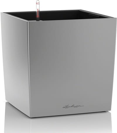 LECHUZA CUBE Premium 30 - Plantenbak - met uitneembare binnenbak - met bewateringssysteem - ALL-IN-ONE set met LECHUZA-PON - zilver metallic hoogglans
