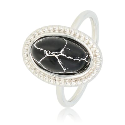 My Bendel - Vintage Ring Zilverkleurig met Zwarte Steen - Vintage Ring - Stainless Steel - Zwarte Marmeren Steen - met Luxe Cadeauverpakking | Sieraden Voor Dames | Maat 16.00 Mm / Maat 50
