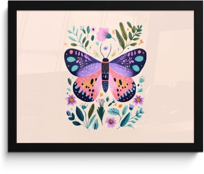 Poster in lijst - Fotolijst 40x30 cm - Posters - Bloemen - Bladeren - Vlinder - Kleurrijk - Posterlijst zwart - Decoratie - Wanddecoratie woonkamer - Muurdecoratie slaapkamer