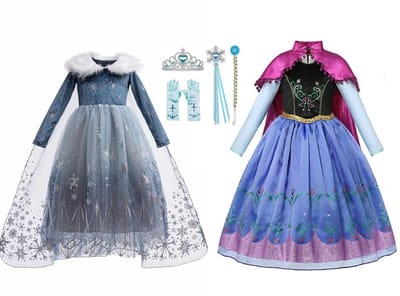 Frozen voordeelpakket - 2 x Prinsessenjurk Deluxe - Prinsessenjurk meisje - Maat 134/140 - Verkleedkleren - Kleed