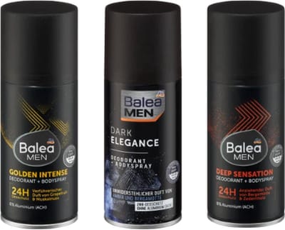 Balea MEN Deodorant Combi-Pack | 3x 150 ml - Verschillende deodorant geuren voor mannen | Golden Intense - Dark Elegance - Deep Sensation | Mixpack Deo voor Mannen