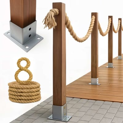 BOGATECO Houten schutting met jute touw | Zeilhek 8 m | 13 verschillende lengtes | Montageset inbegrepen Grondhuls met ankerplaat