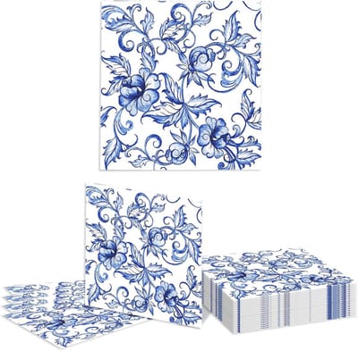20 Stuks Bloemige Papieren Servetten met Blauw-Wit Porselein Motief voor Verjaardagsfeest en Bruiloft Decoratie