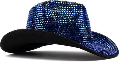 KIMU® Cowboyhoed Blauw Strass Steentjes - Blauwe Cowgirl Western Hoed - Cowboy Diamantjes Glitter Dames Heren Foute Party Circus Festival