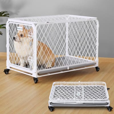 Opvouwbare Hondenkennel 30 Inch met Wielen en Dienblad - Metalen Hondenkrat