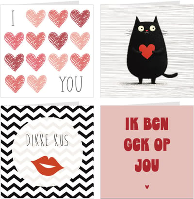 4x wenskaarten / set kaarten en enveloppen | LOVE YOU | o.a. I love you / dikke kus / ik ben gek op jou