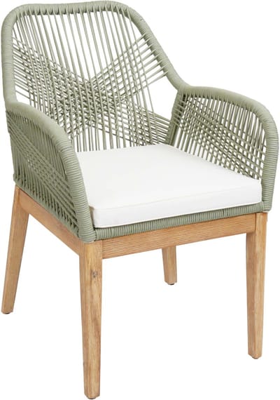 Tuinstoel MCW-H56b, fauteuil buitenstoel, weerbestendig touw vlechtwerk Touw hout acacia ~ groen kussens crème