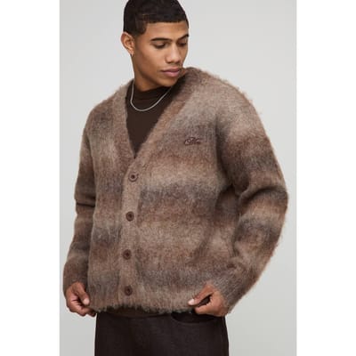 Heren Boxy Fit Ombre Geborstelde Streep Gebreide Cardigan | Brown | Size XS