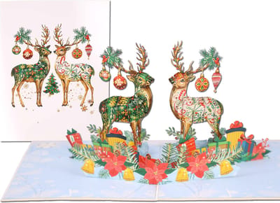 Popcards.nl pop-up kaart - Kunstzinnige Kerstkaart met Magische Rendieren  Hert Kerst Versiering Kerstballen Slingers Prachtige Wenskaart 3D kaart