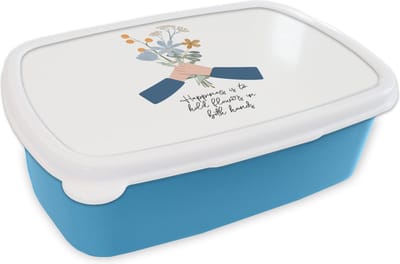 Broodtrommel Blauw - Lunchbox - Brooddoos - Spreuken - Happiness is to hold flowers in both hands - Quotes - 18x12x6 cm - Kinderen - Jongen