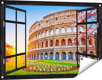 Gards Tuinposter Doorkijk Colosseum bij Zonsopgang in Rome, Italië - 90x60 cm - Tuindoek - Tuindecoratie - Wanddecoratie buiten - Tuinschilderij