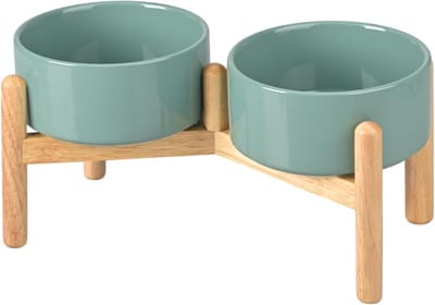 Keramische hondenbak - Verhoogde voerbak - Gezond eten - Met bamboestandaard - 850 ml - Donkergroen