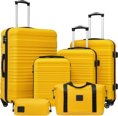 Reis Koffer Set - Trolley Koffers - Reizen Organiseren - Robuuste ABS Hardcase - 6 Delig - Geel Zwart