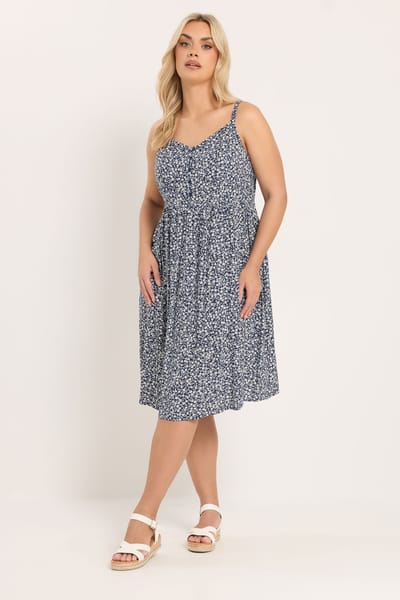 Yours Marineblauwe Jurk Met Fijne Bloemenprint En Bandjes Size 42