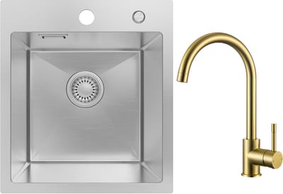 SOFETIY MAX Spoelbak voor keuken 40x45 cm - Spoelbak Keuken Met Goud Keukenkraan - Spoelbakken Keuken Geborsteld RVS - Wasbak Keuken - Voor Kasten van 40 cm