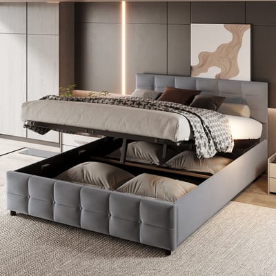 SINGULARITY-Gestoffeerd bed 180x200cm- lattenbodem- hydraulisch eenpersoonsbed- Nederlandse velours stof- grijs- zonder matras