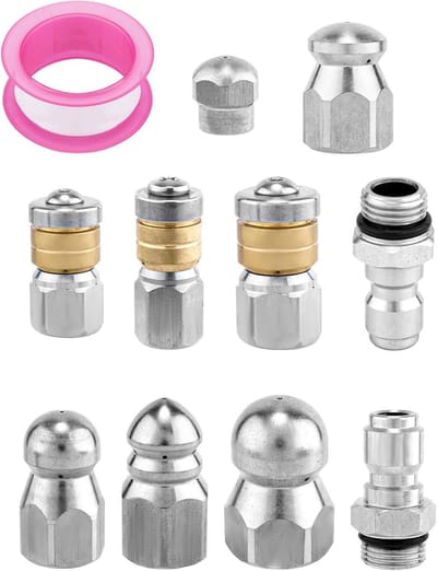 10-delige Afvoerreiniger Spuitset met 1/4 Inch en 3/8 Inch NPT Aansluitingen, RVS Drukreiniger Slang voor Hoge Druk tot 5000 PSI, Ideaal voor Huishoudelijke en Professionele Toepassingen