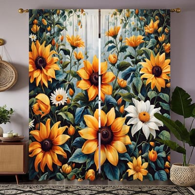 2 pièces Décoration de rideau fleur de tournesol colorée HD Rideau imprimé numériquement jaune Décoration de style décoration de maison salon r W52H63inchW132H160cm orange