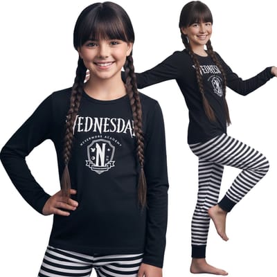 WEDNESDAY Katoenen, zwart-witte pyjama voor meisjes, TWEE-DELIGE pyjama met lange mouwen, 100% KATOEN
