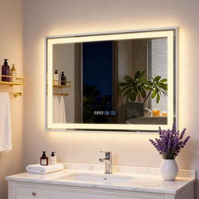 Puluomis Badkamerspiegel - 80x60cm - Rechthoekig Zilver Metalen Frame - LED-verlichting - Tijd- en Temperatuurweergave - Ontwaseming