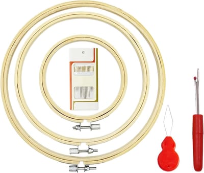 Set van 3 Ronde Bamboe Borduurringen voor Kruissteek, Inclusief Naald en Draadsnijder, 3 Maten (Goud Oog) voor Handwerken en Naaien