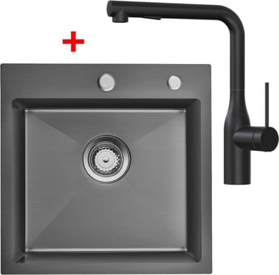 Auralum max Spoelbak voor keuken 45x45cm - Spoelbakken Keuken Met Keukenkraan - Wasbak met waterafvoersysteem - Antraciet