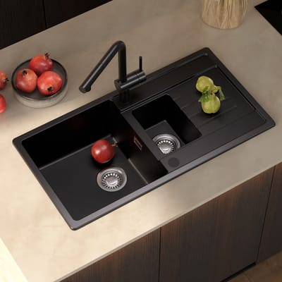 CECIPA MAX Spoelbak Met Kraangat - Granieten Keuken 86x45CM - 1.5 Spoelbak Keuken - Met Afdruiprek en Waterafvoersysteem - 80% Kwarts Zand Spoelbak Keuken - Zwart