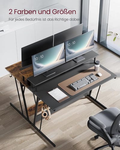 VASAGLE Bureau - gamingtafel met ingebouwde stekkerdoos - computertafel - met monitorstandaard voor 2 monitoren - slaapkamer - 60 x 120 x 76 cm - roetzwart LWD192B02