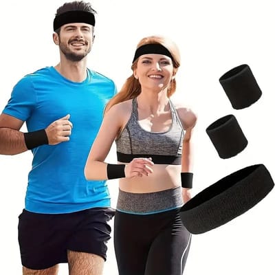 Set Van Hoofdband en 2x Polsbandjes Setje I Zweetband I Zweetbandjes I Hoofd en Pols I Sportbandjes I Zwart