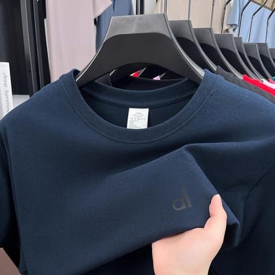 Heren T-shirt met ronde hals en korte mouwen van katoen, effen kleur, met letterprint, casual en veelzijdig, sportief. L black