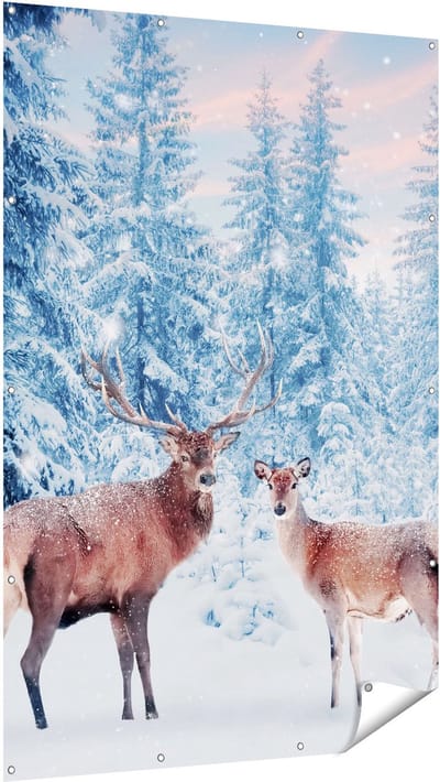 Gards Tuinposter Twee Herten in het Bos met Sneeuw - 120x180 cm - Tuindoek - Tuindecoratie - Wanddecoratie buiten - Tuinschilderij