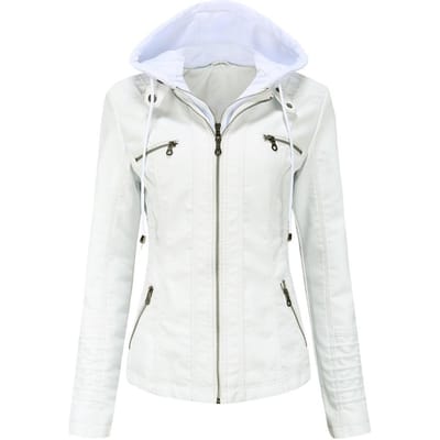 Leren Jas met Capuchon Leren Jas Dames Lente- en Herfstjas Dames PU Gewassen Leer L white
