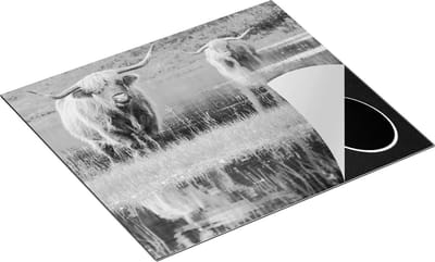 Chefcare Inductie Beschermer Twee Schotse Hooglanders in het Moeras - Zwart Wit - 60x50 cm - Afdekplaat Inductie - Kookplaat Beschermer - Inductie Mat