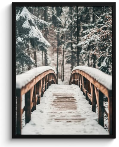 Poster in lijst - Fotolijst 50x70 cm - Posters - Brug - Winterlandschap - Bos - Natuur - Sneeuw - Posterlijst zwart - Decoratie - Wanddecoratie woonkamer - Muurdecoratie slaapkamer