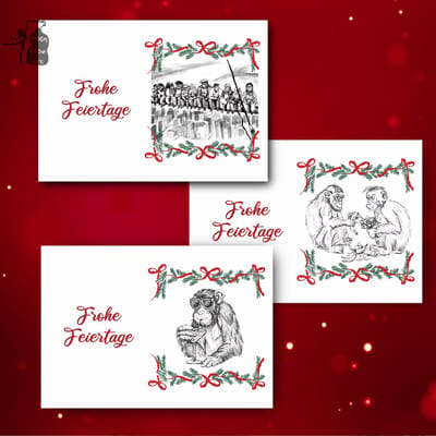 Krista Kitsz Art | Fijne Feestdagen Kerstkaarten set | Grappige Apen kaarten |12 stuks | ansichtkaart