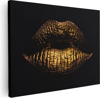 Artaza Canvas Schilderij Lippen Goud - 40x30 cm - Klein - Muurdecoratie Sensueel - Wanddecoratie Vrouw - Kamer Accessoires