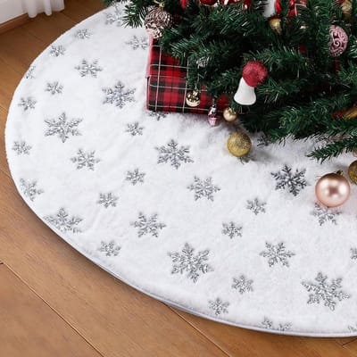 Ronde Kerstboomrok 90cm Wit Groot Pluche Dekentje met Zilveren Sneeuwvlokken voor Feestelijke Kerstdecoratie en Bescherming van de Vloer